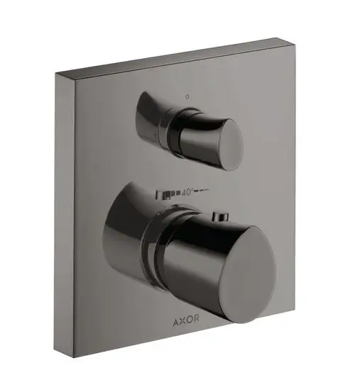 Thermostat mit zwei Reglern auf einer quadratischen Platte in poliertem Schwarzchrom, mit der Marke AXOR. Eignet sich zur Wandmontage in Badezimmern.